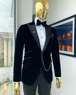 A Charcoal black peak lapel-soaked Italian velvet tuxedo suit