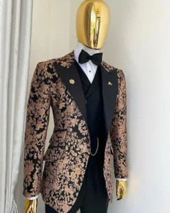 A Charcoal Black Peak Lapel, Pink “Mandarin” Metallic Jacquard Floral Tuxedo Suit