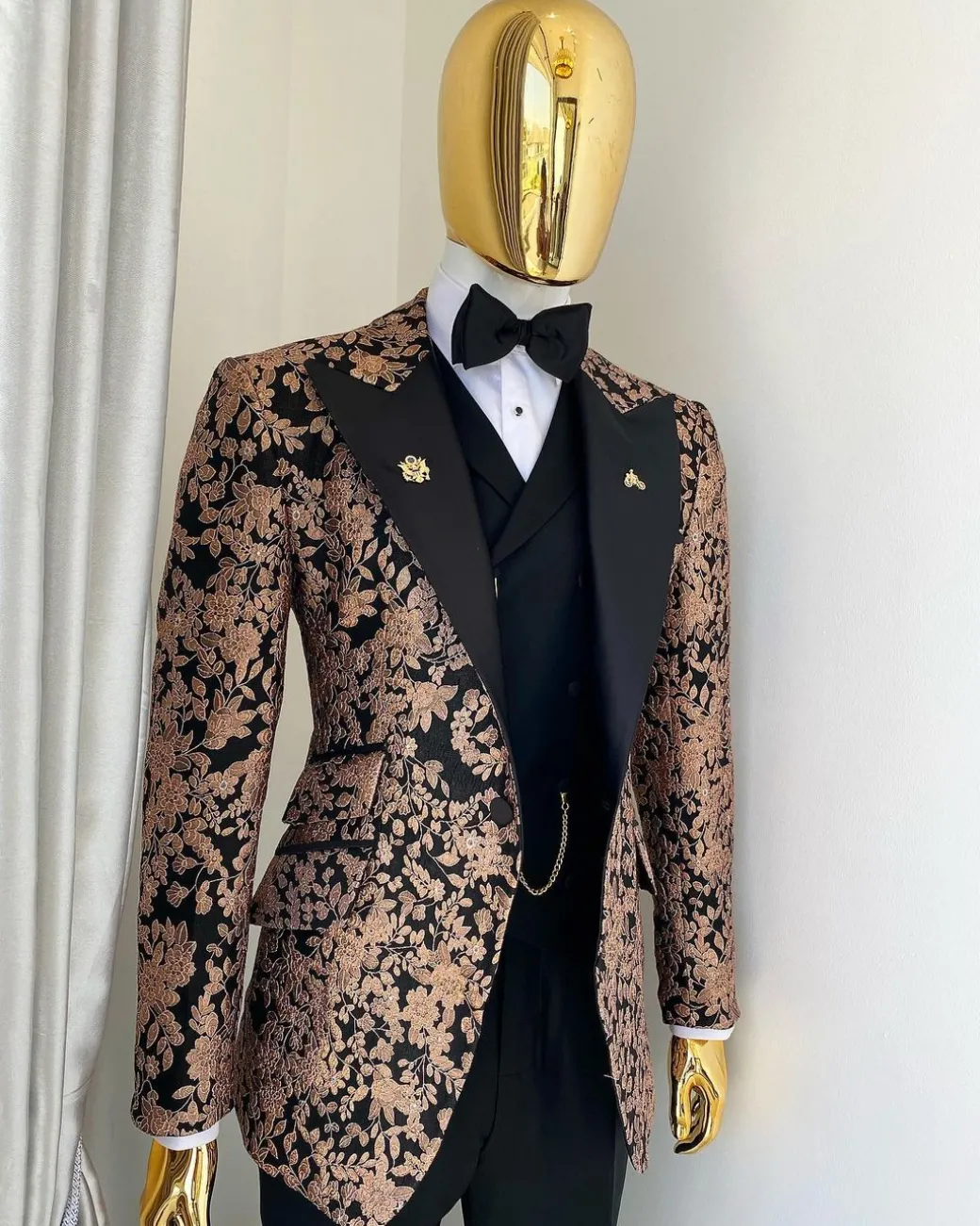 A Charcoal Black Peak Lapel, Pink “Mandarin” Metallic Jacquard Floral Tuxedo Suit