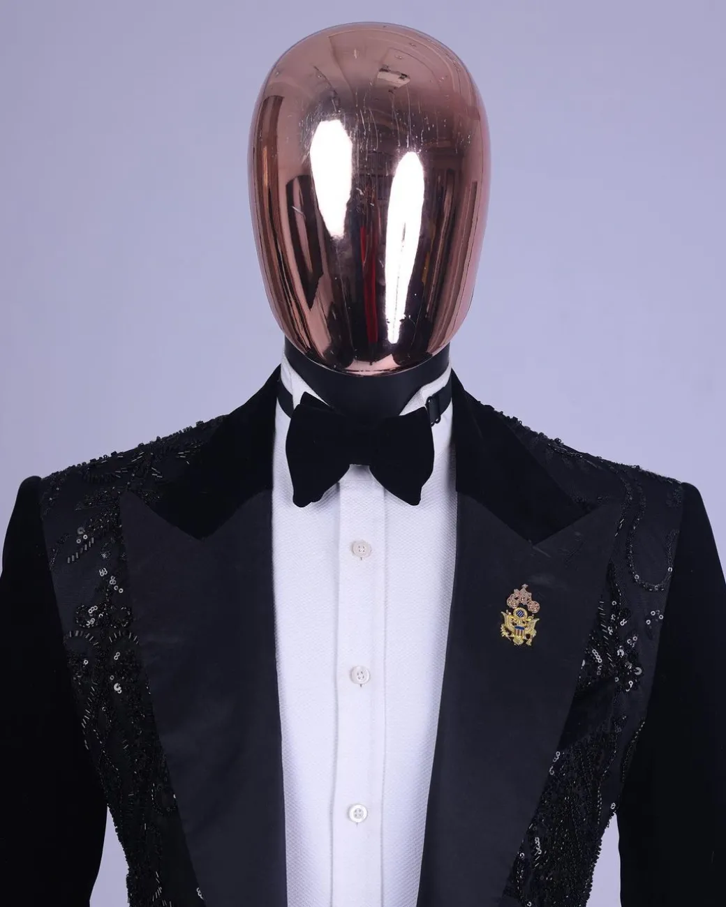 A Charcoal Black, Peak Lapel, Beaded Lace Tuxedo Suit