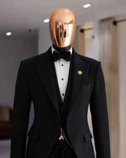 A Charcoal Black Peak Lapel, Stuffed/Slanted Square Patterned Jacquard Jacket.