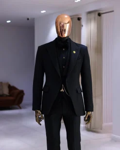 A Charcoal Black Peak Lapel, Stuffed/Slanted Square Patterned Jacquard Jacket.
