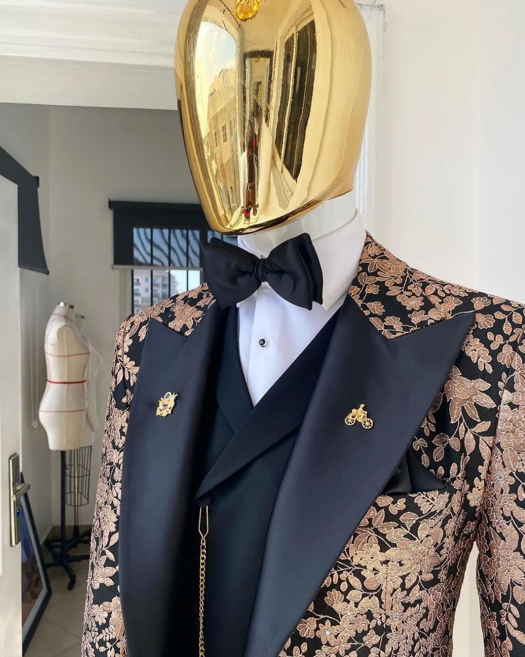 A Charcoal Black Peak Lapel, Pink “Mandarin” Metallic Jacquard Floral Tuxedo Suit