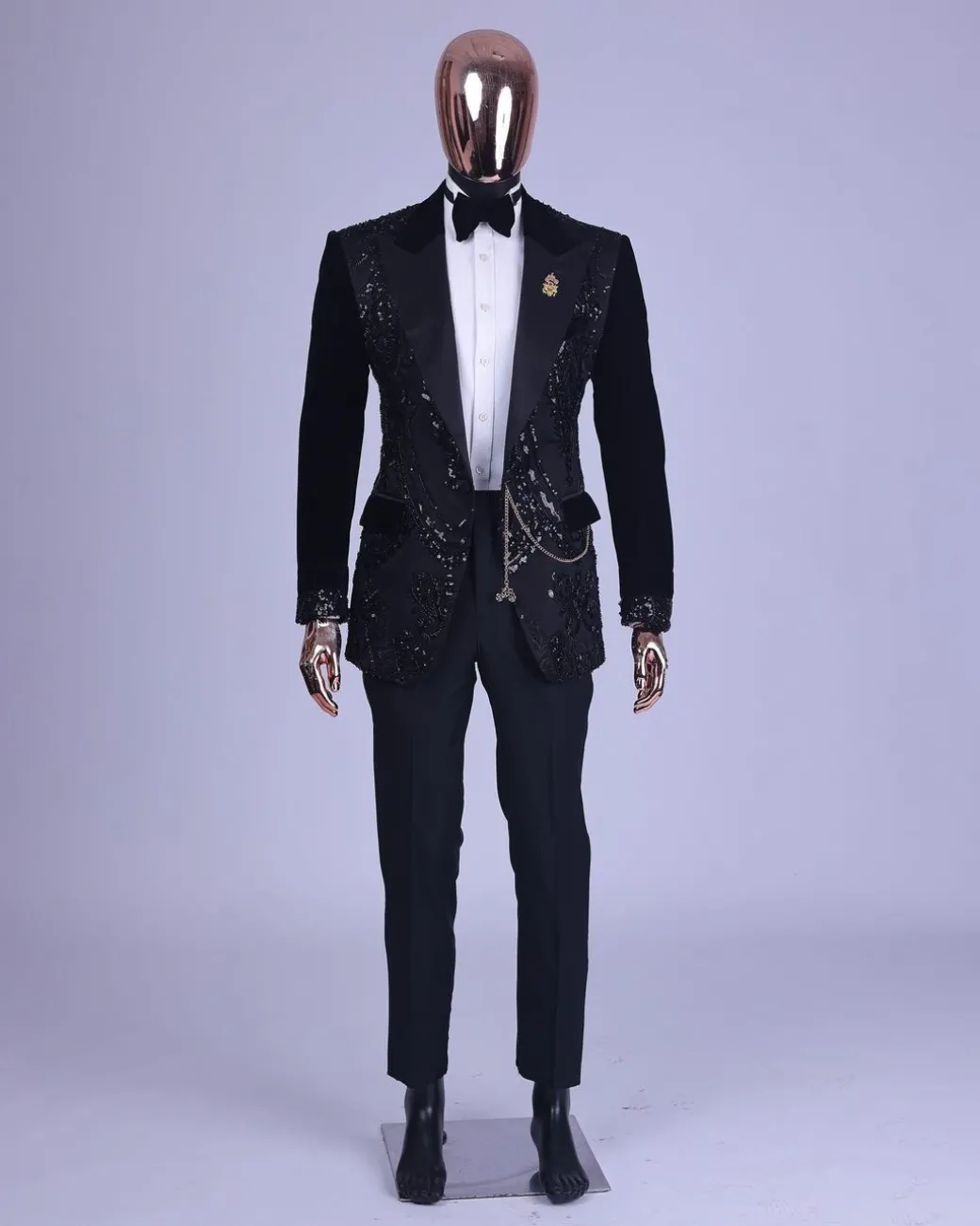A Charcoal Black, Peak Lapel, Beaded Lace Tuxedo Suit