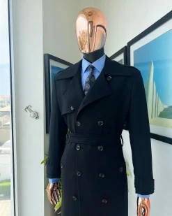 A Charcoal Black, Peak Lapel Jorgecarli Vogue Trench Wool Jacket