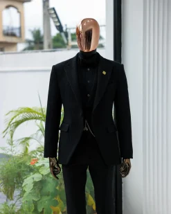 A Charcoal Black Peak Lapel, Stuffed/Slanted Square Patterned Jacquard Jacket.