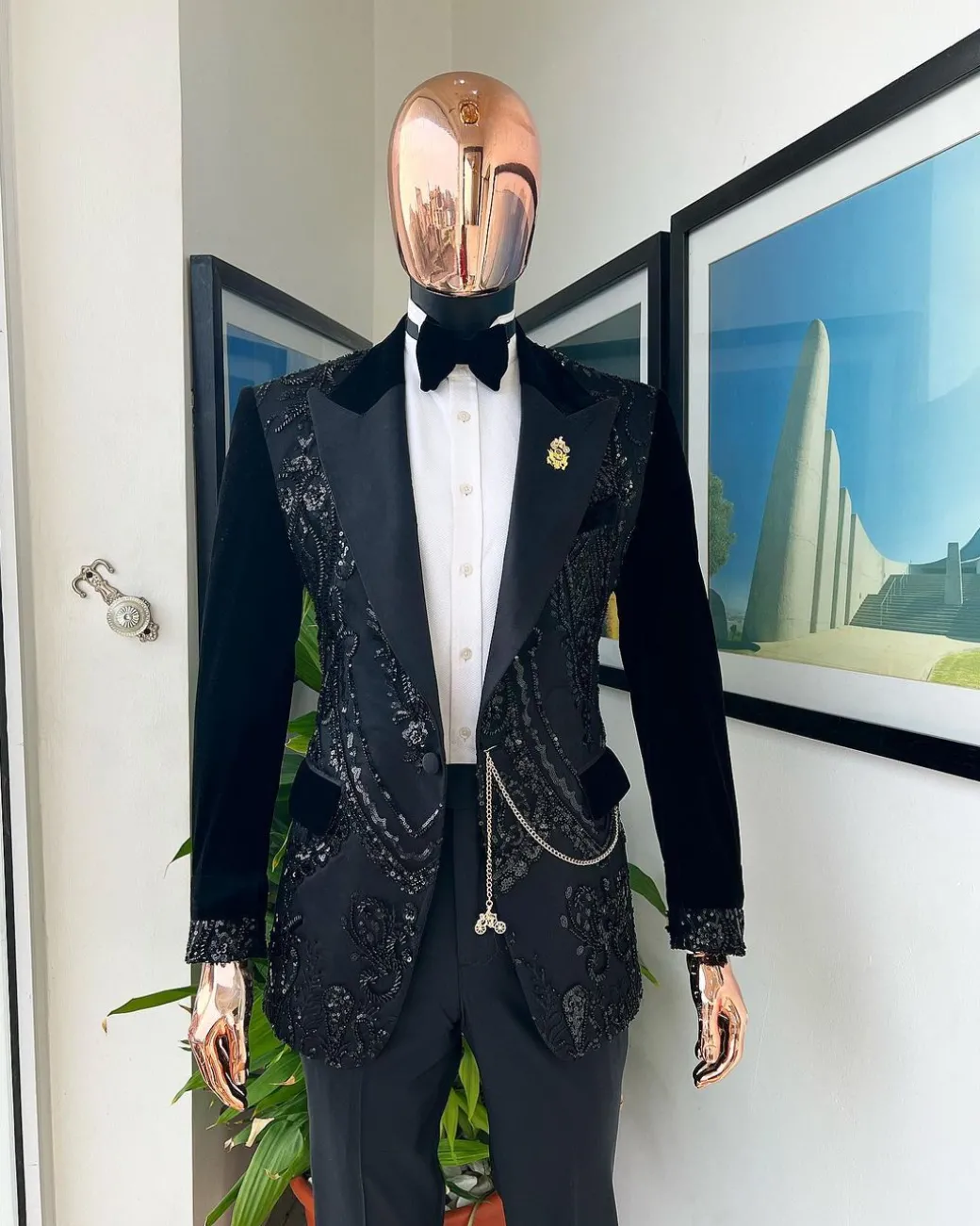 A Charcoal Black, Peak Lapel, Beaded Lace Tuxedo Suit