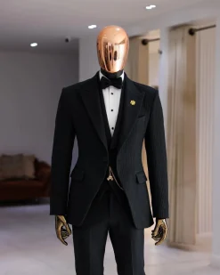 A Charcoal Black Peak Lapel, Stuffed/Slanted Square Patterned Jacquard Jacket.