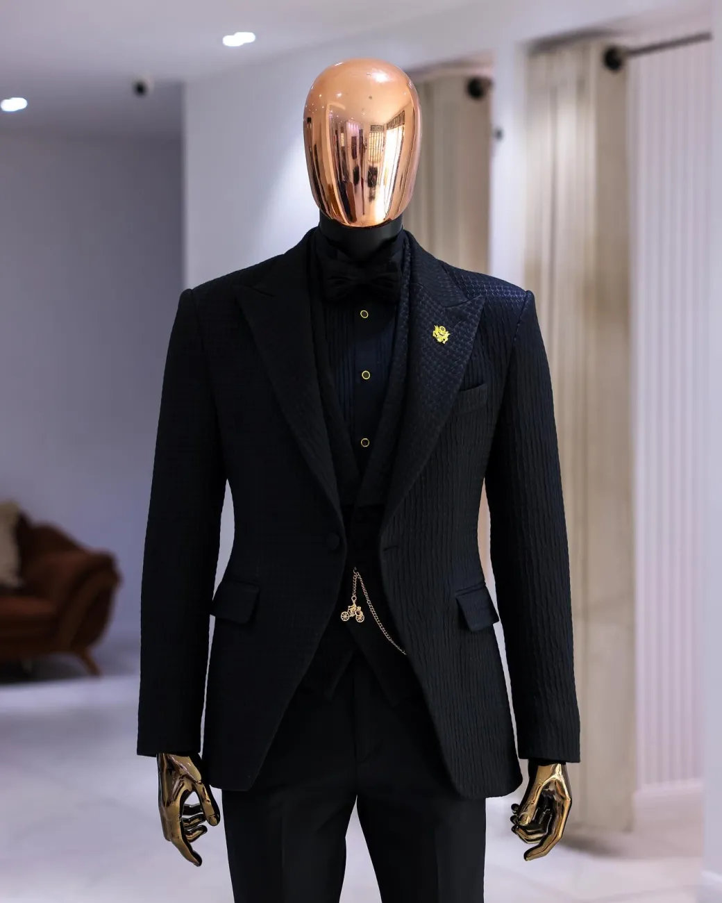 A Charcoal Black Peak Lapel, Stuffed/Slanted Square Patterned Jacquard Jacket.