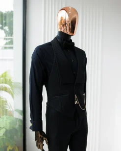 A Charcoal Black Peak Lapel, Stuffed/Slanted Square Patterned Jacquard Jacket.