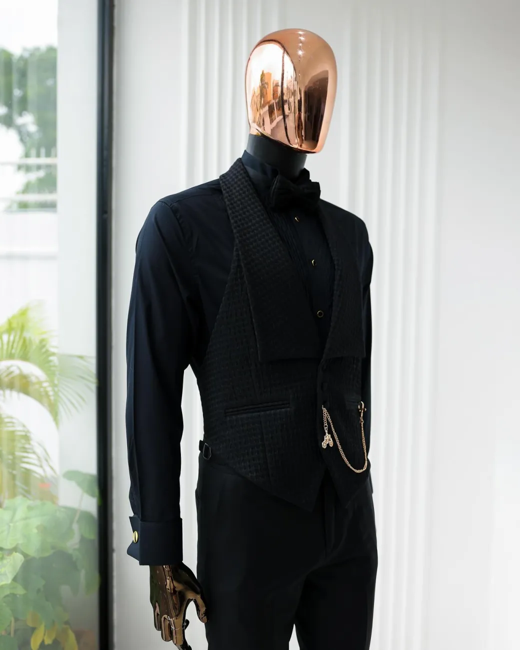 A Charcoal Black Peak Lapel, Stuffed/Slanted Square Patterned Jacquard Jacket.