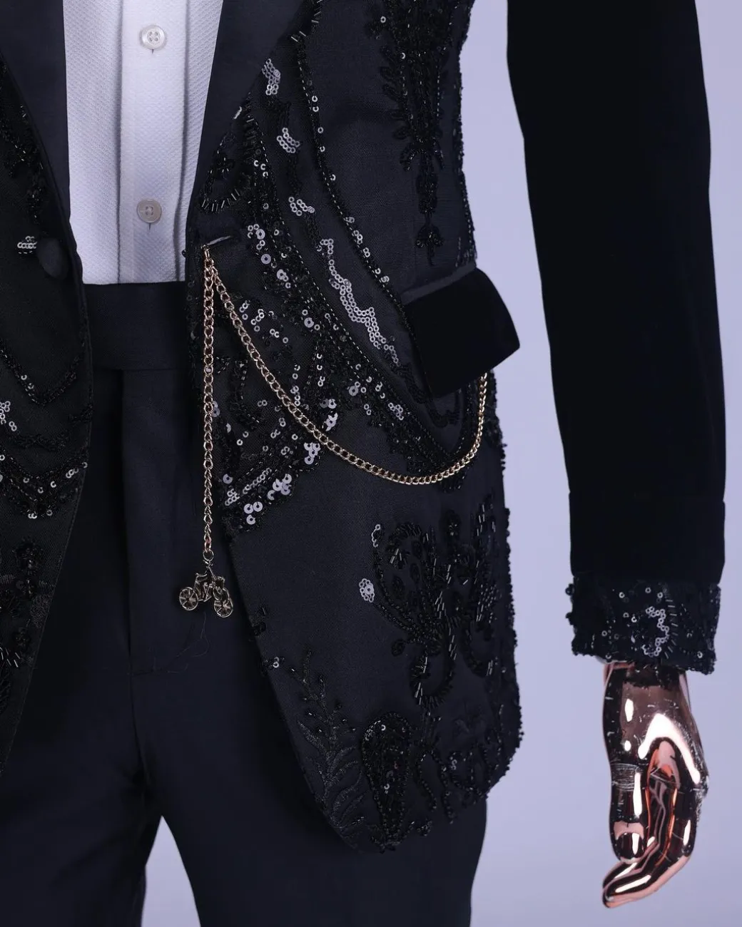 A Charcoal Black, Peak Lapel, Beaded Lace Tuxedo Suit