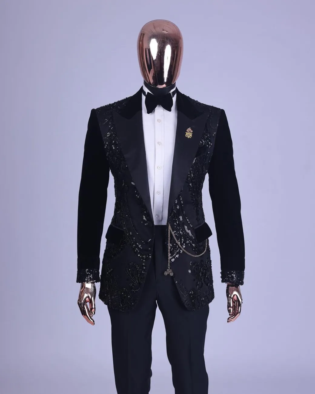 A Charcoal Black, Peak Lapel, Beaded Lace Tuxedo Suit