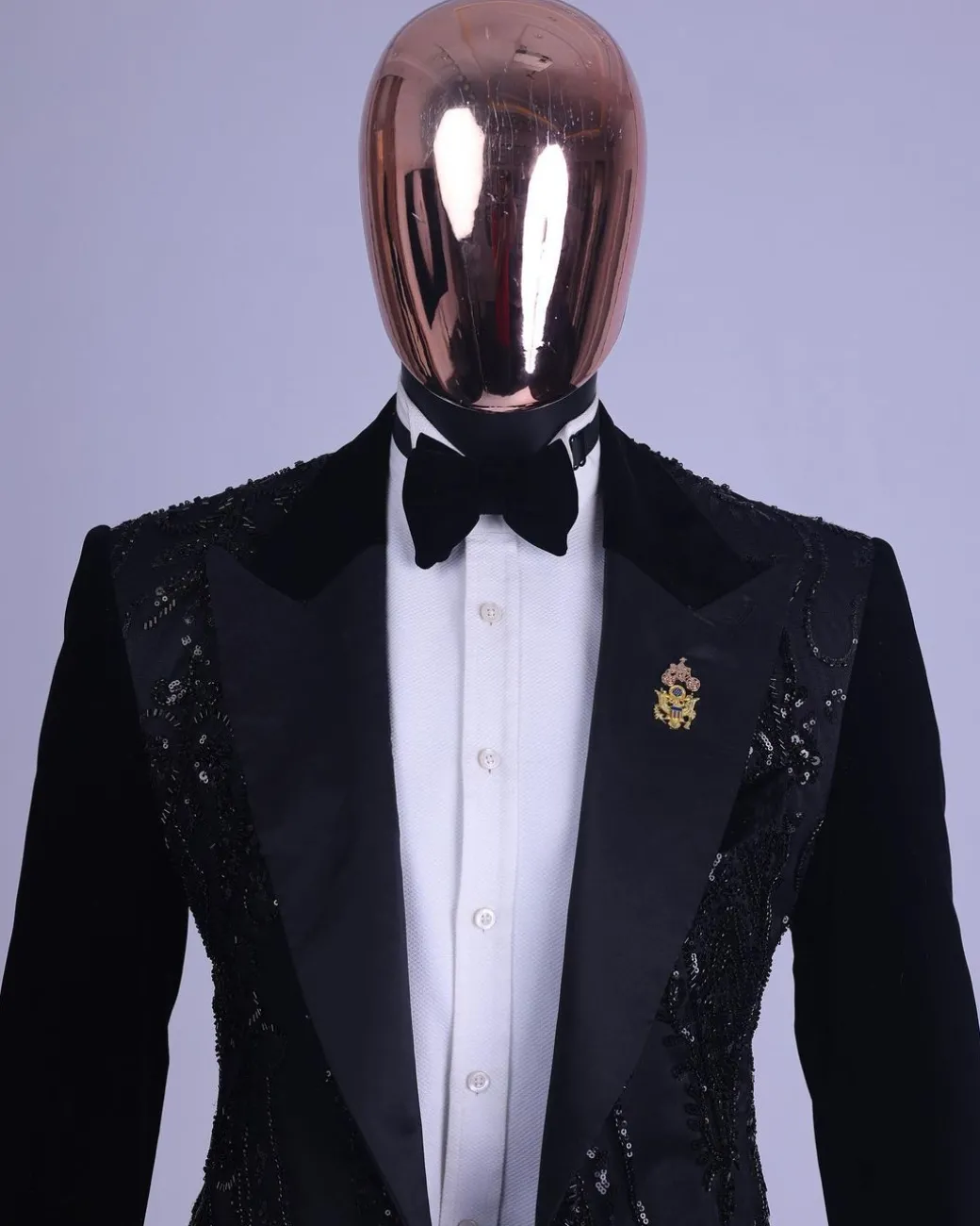 A Charcoal Black, Peak Lapel, Beaded Lace Tuxedo Suit