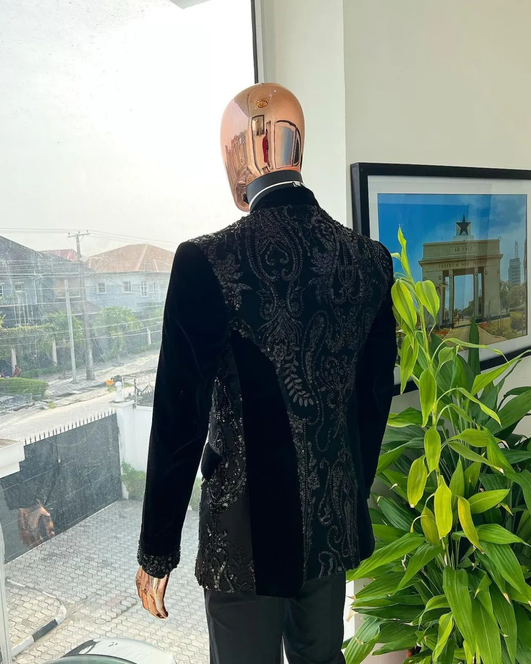 A Charcoal Black, Peak Lapel, Beaded Lace Tuxedo Suit