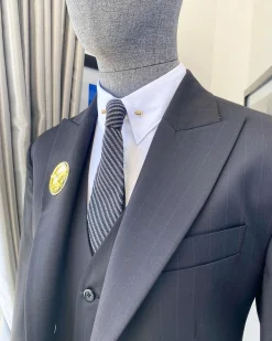 A Charcoal Black Pinstripe “Board Room” Peak Lapel Suit