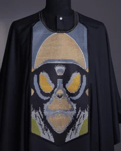 A charcoal black, “Planet Of Apes” embroidery Agbada