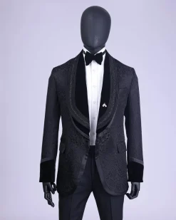 A Charcoal Black “Quad-Shawl” Lapel Tuxedo Jacquard Suit
