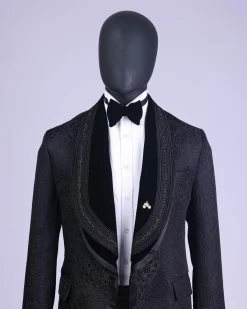 A Charcoal Black “Quad-Shawl” Lapel Tuxedo Jacquard Suit