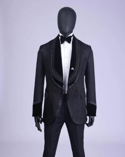 A Charcoal Black “Quad-Shawl” Lapel Tuxedo Jacquard Suit