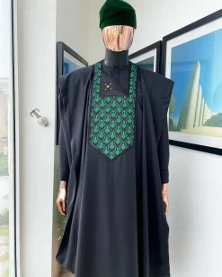 A Charcoal black, redundant flame embroidery detailing Agbada