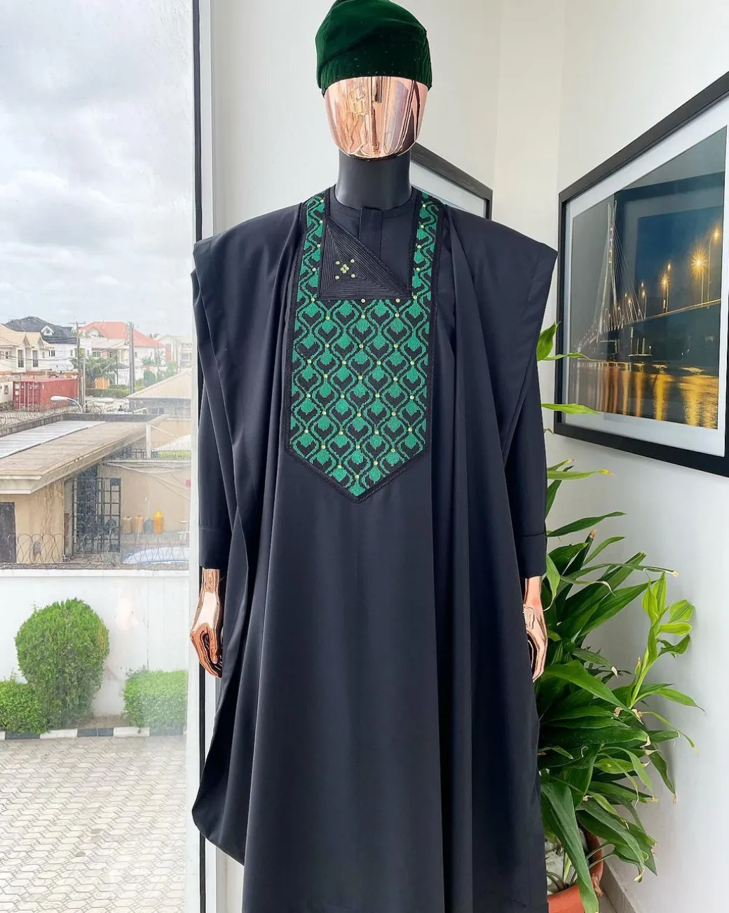 A Charcoal black, redundant flame embroidery detailing Agbada