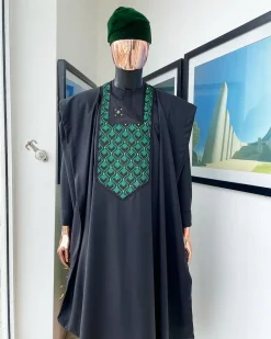 A Charcoal black, redundant flame embroidery detailing Agbada