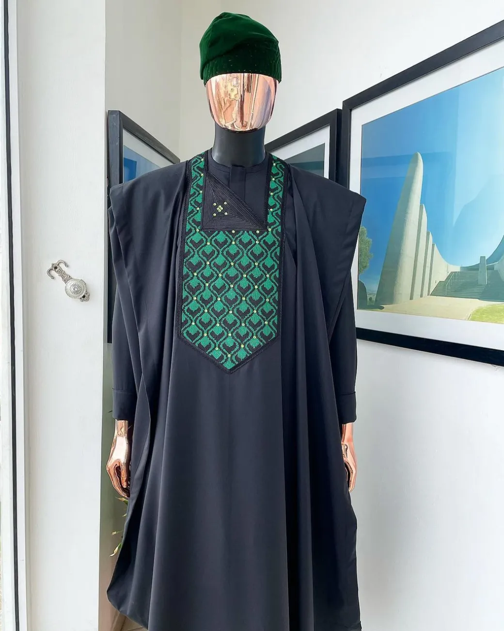A Charcoal black, redundant flame embroidery detailing Agbada