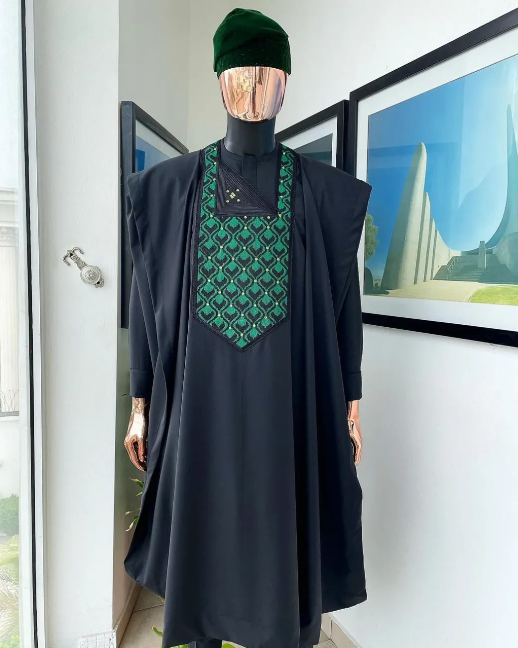 A Charcoal black, redundant flame embroidery detailing Agbada