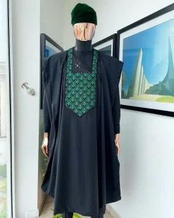 A Charcoal black, redundant flame embroidery detailing Agbada