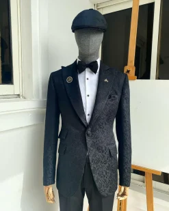 A Charcoal Black reloaded “peaky blinders” floral jacquard peak lapel suit.