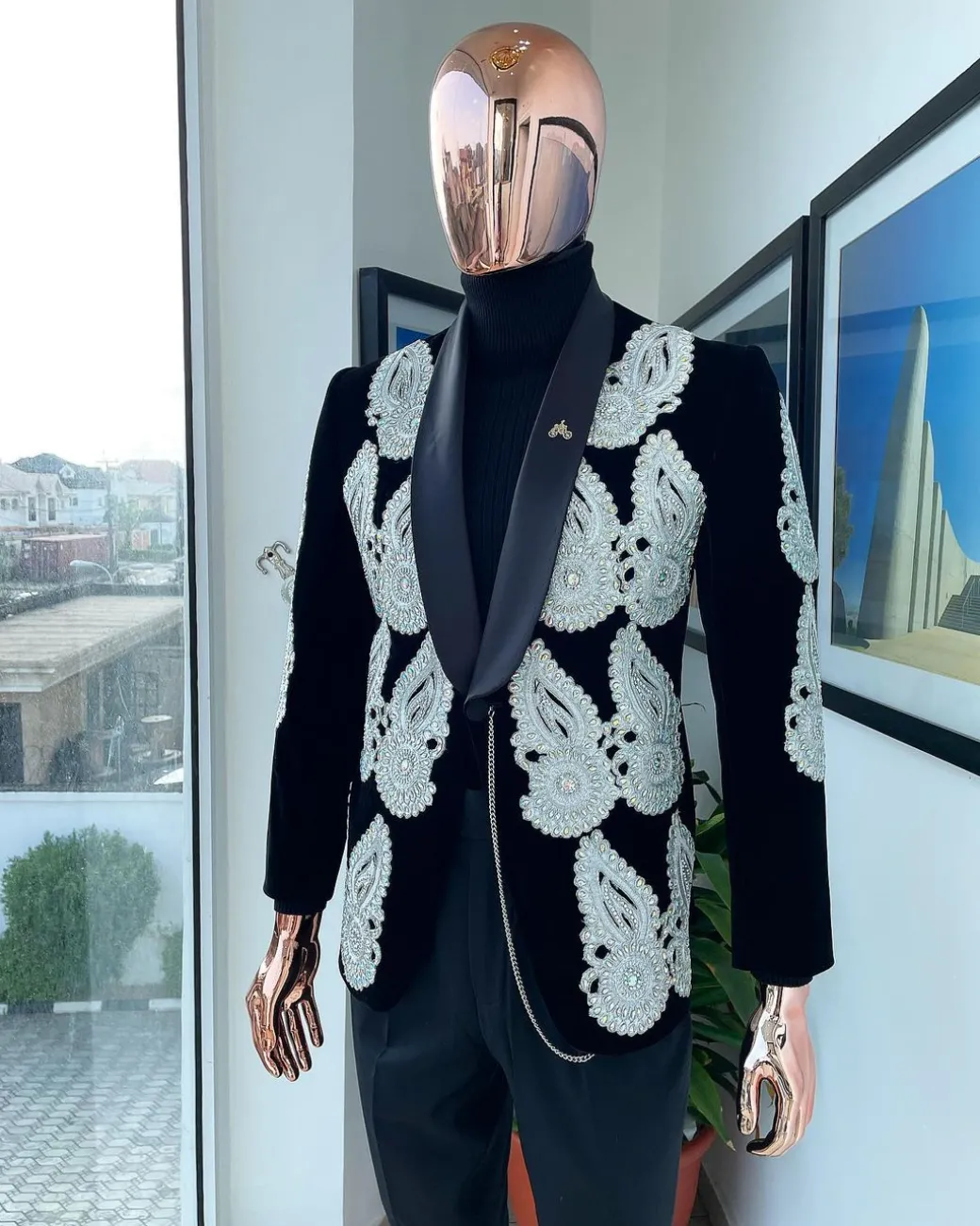 A Charcoal black Reloaded “Justin” silver Swarovski embellishment detailing tuxedo suit