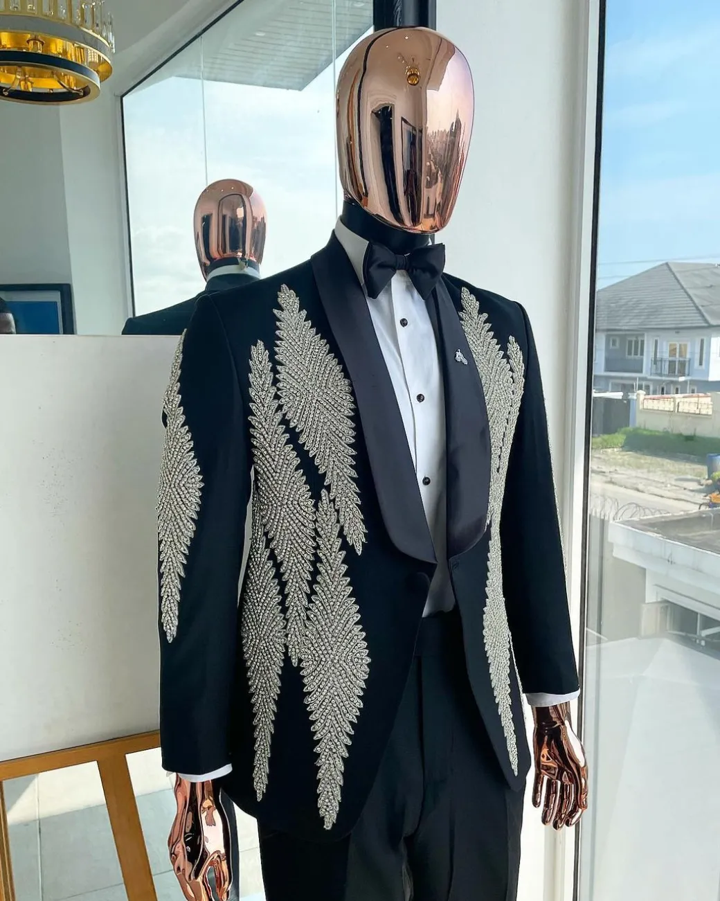 A Charcoal black Reloaded “Justin” silver Swarovski embellishment detailing tuxedo suit