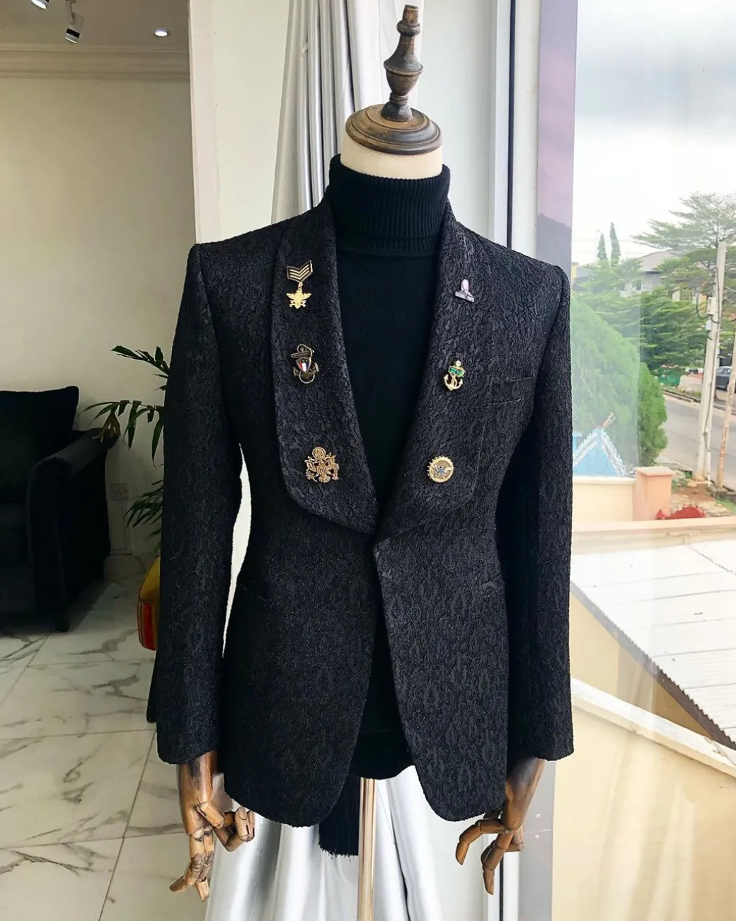 A Charcoal Black Reloaded “la casa de papel” Black Jacquard tuxedo suit