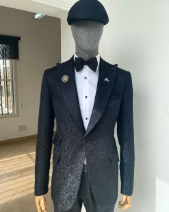 A Charcoal Black reloaded “peaky blinders” floral jacquard peak lapel suit.