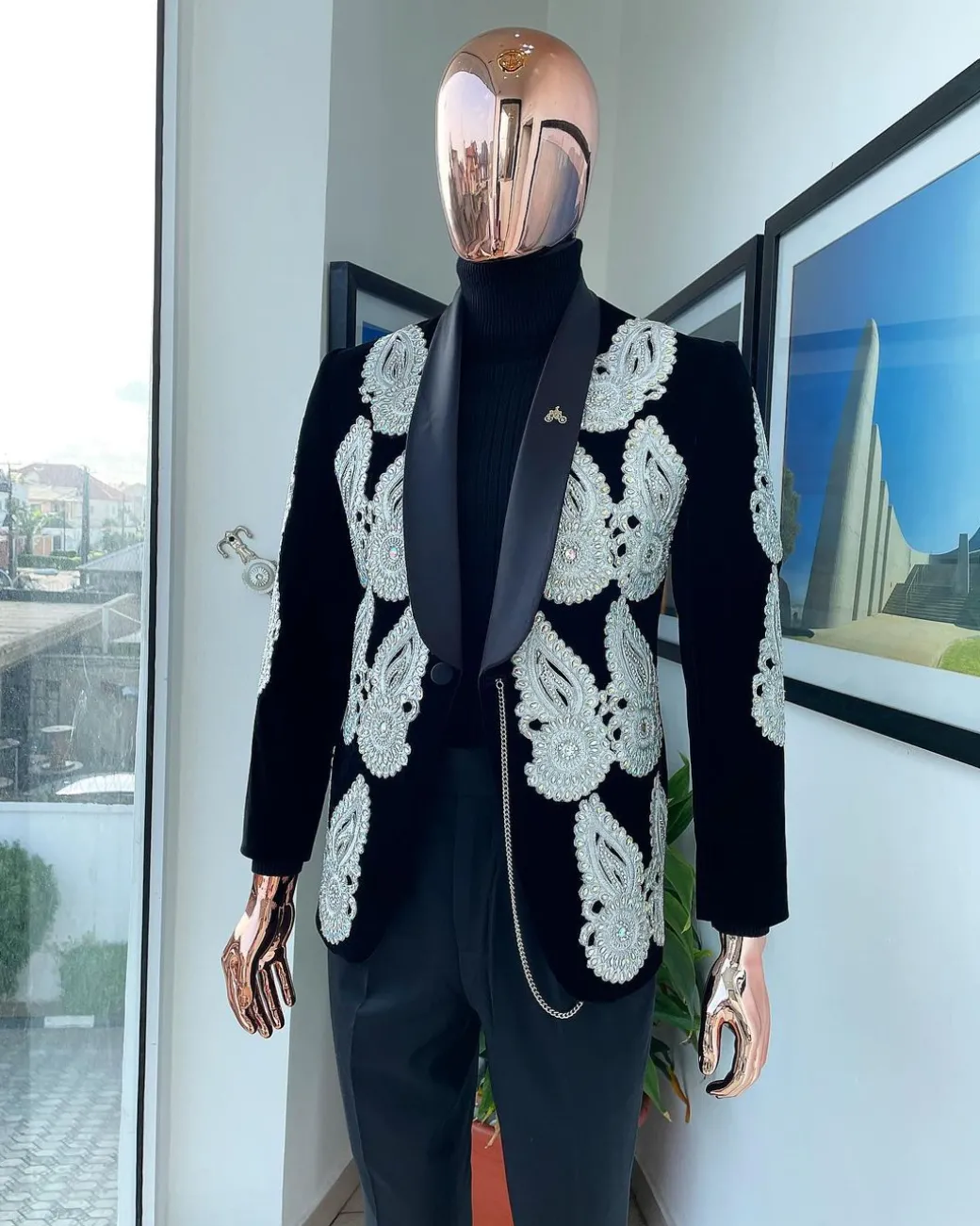 A Charcoal black Reloaded “Justin” silver Swarovski embellishment detailing tuxedo suit