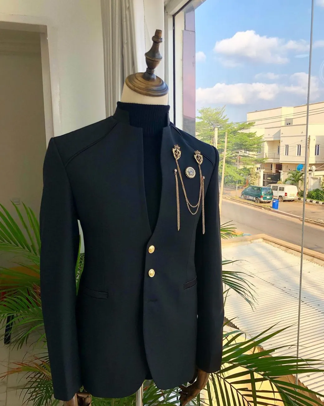 A Charcoal Black reloaded “7th Battalion” Suit with gold adornment