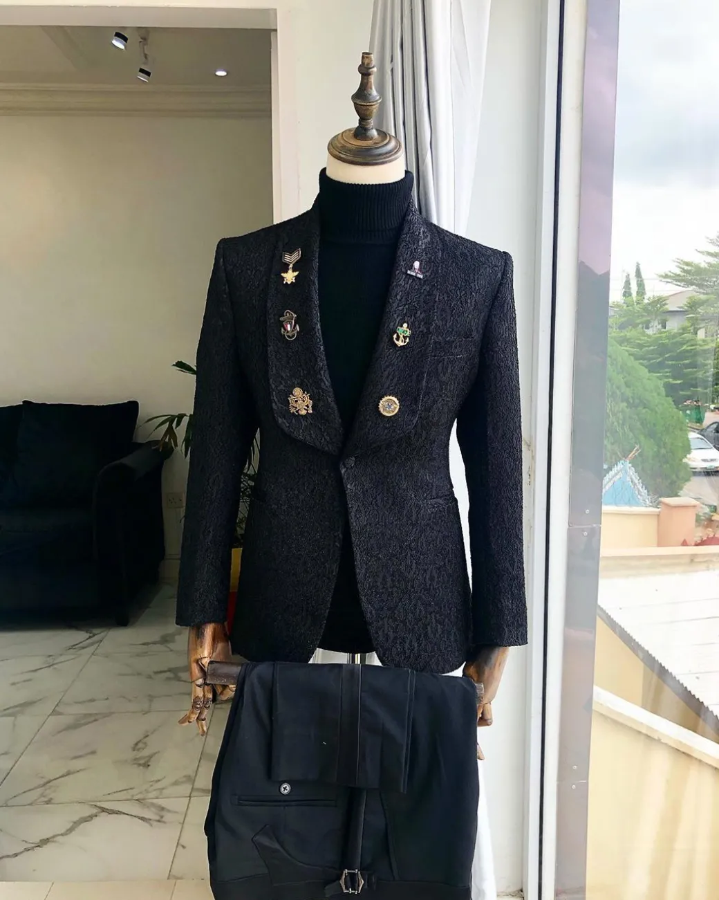 A Charcoal Black Reloaded “la casa de papel” Black Jacquard tuxedo suit