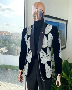 A Charcoal black Reloaded “Justin” silver Swarovski embellishment detailing tuxedo suit