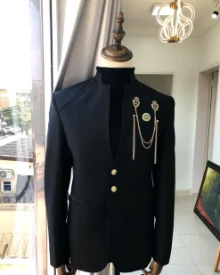 A Charcoal Black reloaded “7th Battalion” Suit with gold adornment