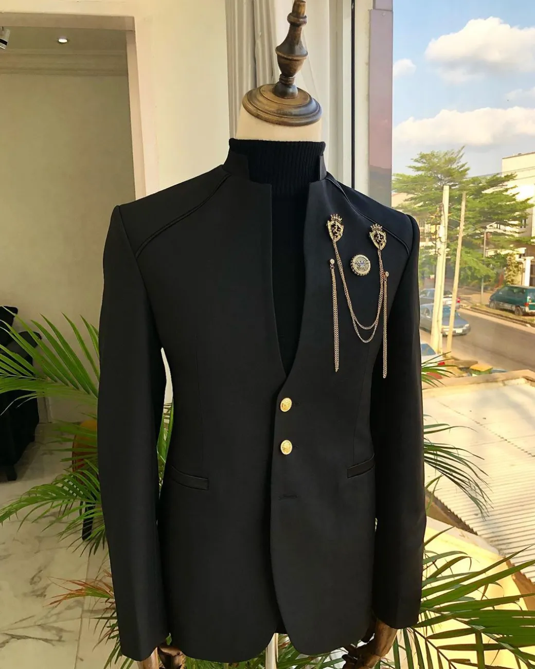 A Charcoal Black reloaded “7th Battalion” Suit with gold adornment