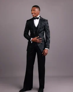 A Charcoal Black, Root and Scattered Shape Jacquard Notch Lapel Suit