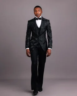 A Charcoal Black, Root and Scattered Shape Jacquard Notch Lapel Suit