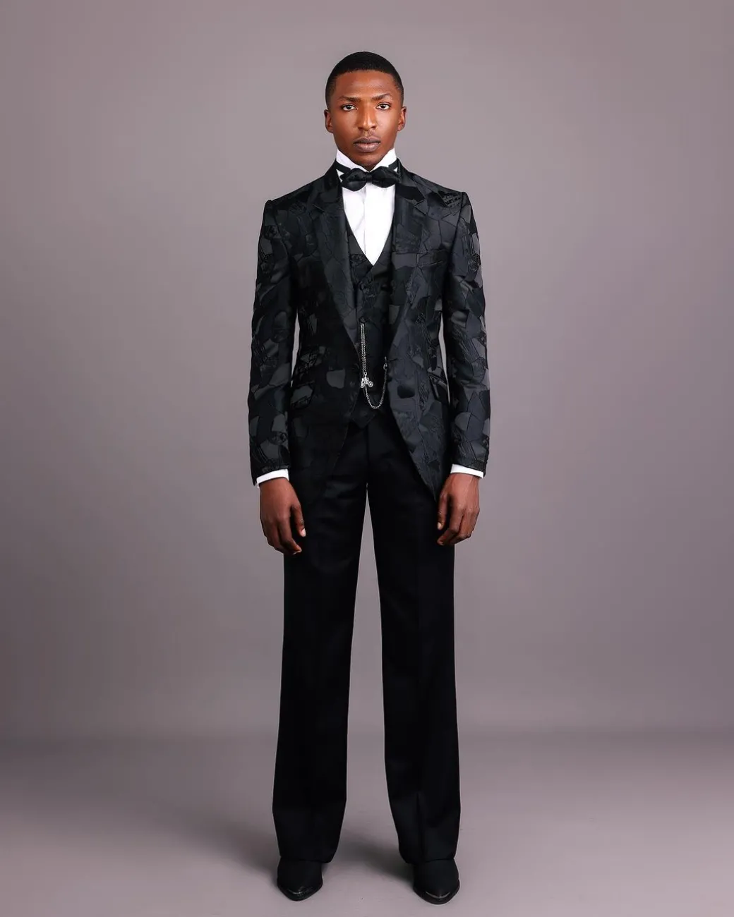 A Charcoal Black, Root and Scattered Shape Jacquard Notch Lapel Suit