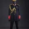A Charcoal Black, Safari Military Jacket Attire with Hand-Knitted Metallic Wire Embroidery