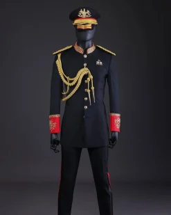 A Charcoal Black, Safari Military Jacket Attire with Hand-Knitted Metallic Wire Embroidery
