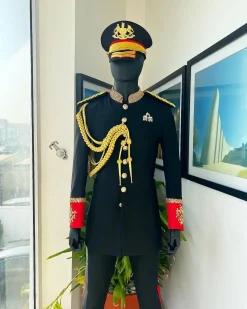 A Charcoal Black, Safari Military Jacket Attire with Hand-Knitted Metallic Wire Embroidery
