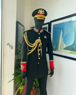 A Charcoal Black, Safari Military Jacket Attire with Hand-Knitted Metallic Wire Embroidery