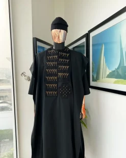 A Charcoal black, separated square in triangle embroidery details agbada