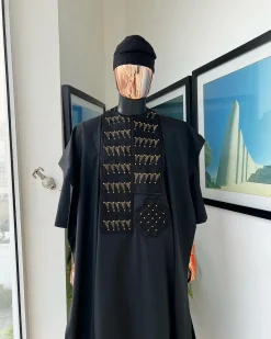 A Charcoal black, separated square in triangle embroidery details agbada